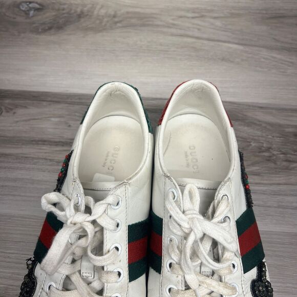 Gucci Ace Sneakers Women's Sz 37.5 Embroidered Arrow White Leather Crystal Shoe - Picture 8 of 14